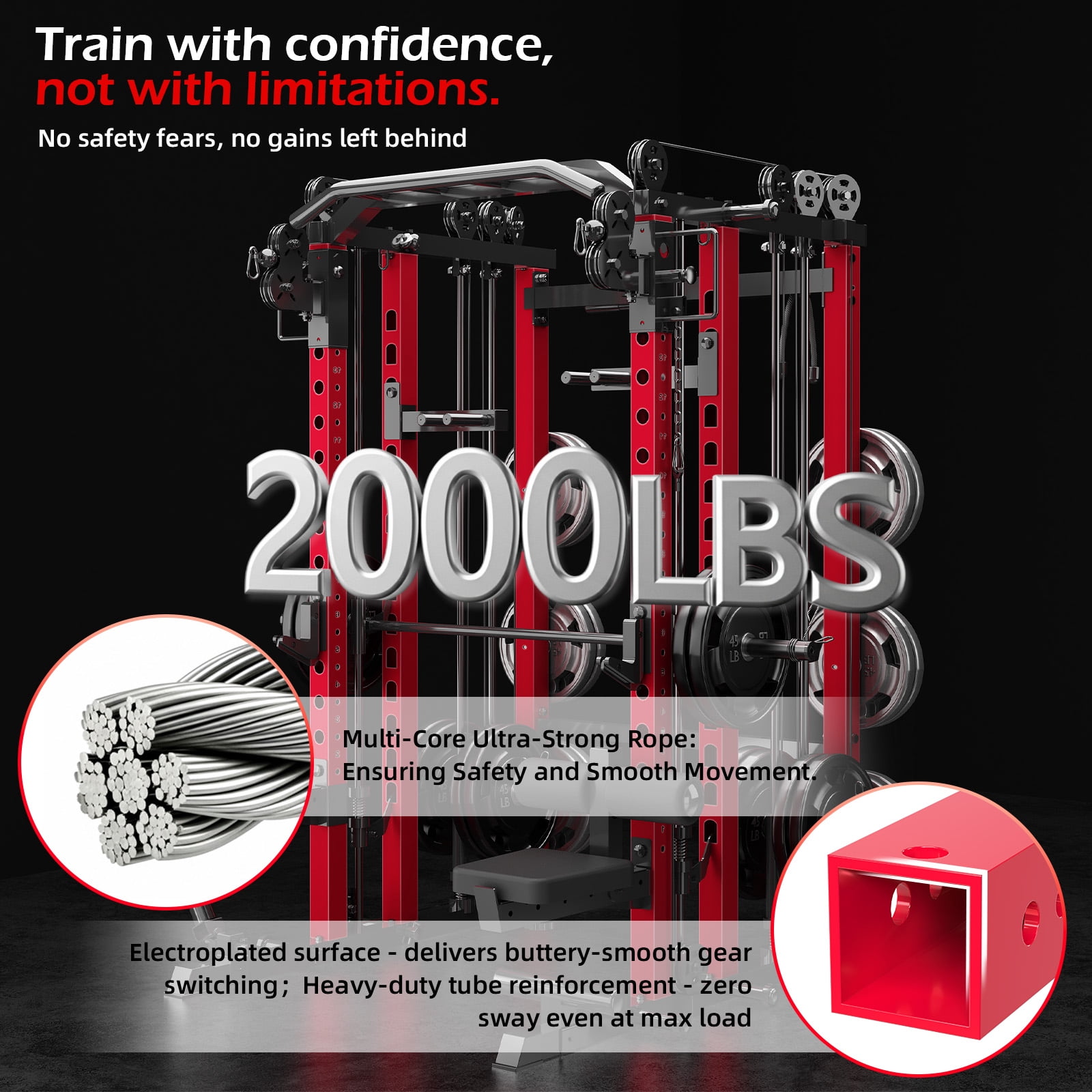 YODOLLA Smith Machine Power Rack Cage, 2000LB All-in-One Squat Rack with Dual Cable Crossover and LAT Pulldown, Home Gym Strength Training Equipment