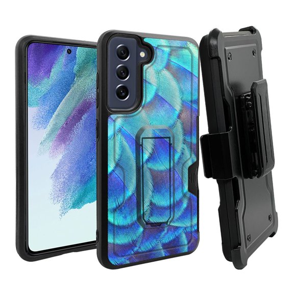 ANJ  Rugged Dual Layer Hybrid Holster Kickstand Case w/ Card Slot   Tempered Glass Cover for Samsung Galaxy S21 FE 5G - Blue Peacock Feather