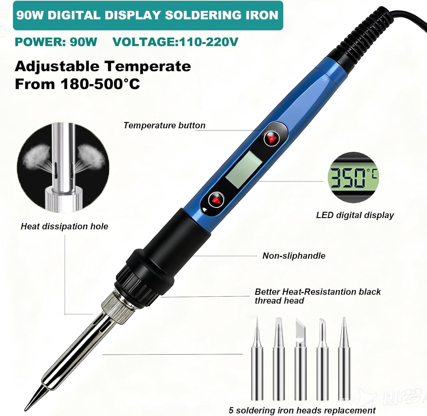 13-in-1 soldering iron set, 90 soldering iron with display and adjustable temperature, including 5 soldering tips, desoldering pump, stand, solder wire, tweezers, soldering paste, suitable for electr