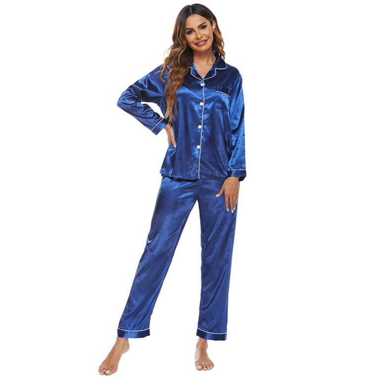 Satin Pajama Set for Women,Long Sleeve Sleepwear Silk Button Down Turn-down  Collar Nightshirt with Elastic Waist Long Pajamas Pants,Autumn Soft  Loungewear Comfy Pjs Sets,S-2XL Blue 