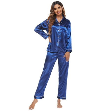 

Women s Classic Satin Pajama Set Sleepwear Loungewear Long Sleeve Sleepwear Womens Button Down Nightwear with Pajamas Bottoms Pants Soft Pj Lounge Sets S-XXL Blue