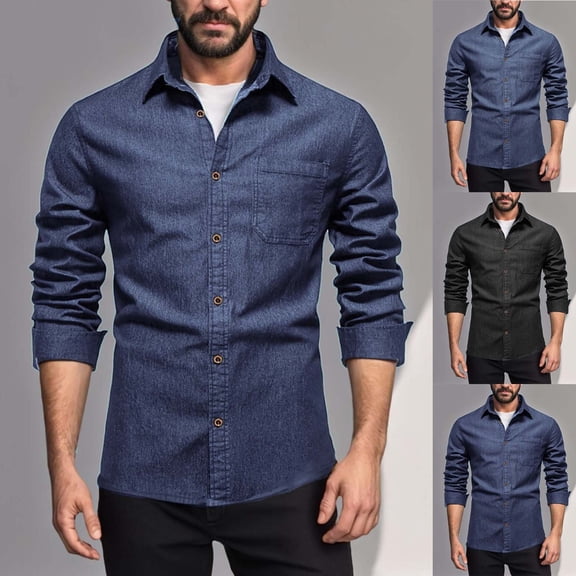 Men’s Long Sleeve Lapel Solid Color Denim Shirt Jacket Casual Spring Autumn Top