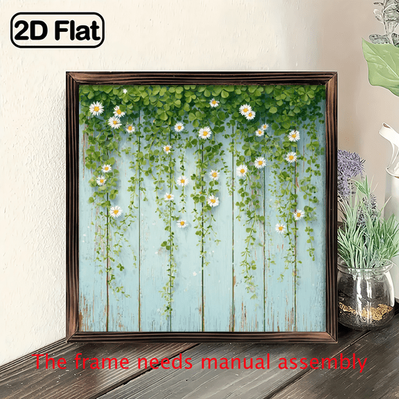 2D Flat - 1pc 8x8inch Rustic Wooden Wall Art Print with Green Leaves and Daisies, Framed Decor for Home Garden, Kitchen, Bathroom, Living Room Ideal Gift for Christmas and New Years