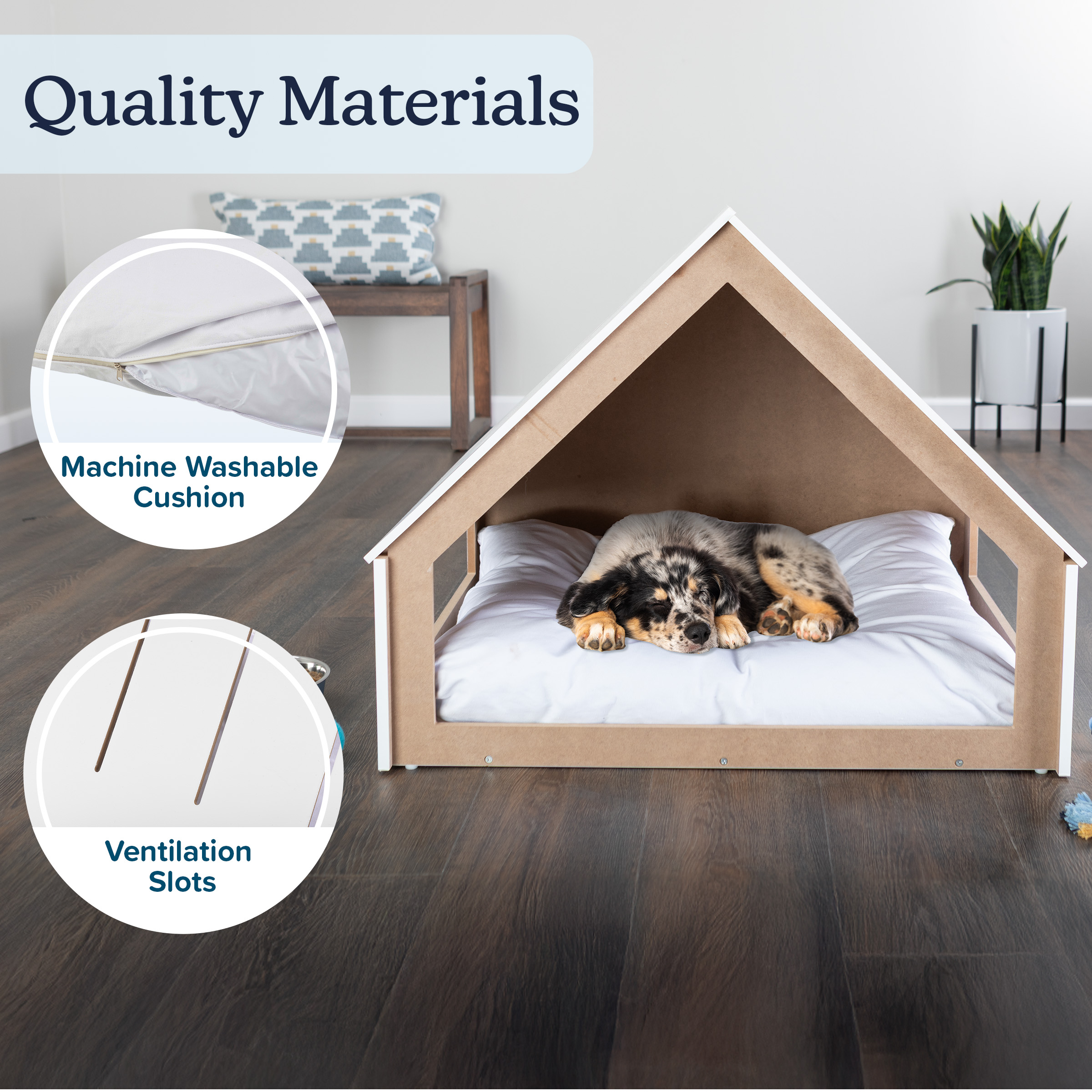 PETMAKER Indoor Dog House for Small to Medium Pets up to 80lbs - Wood Doghouse with Cushion, White