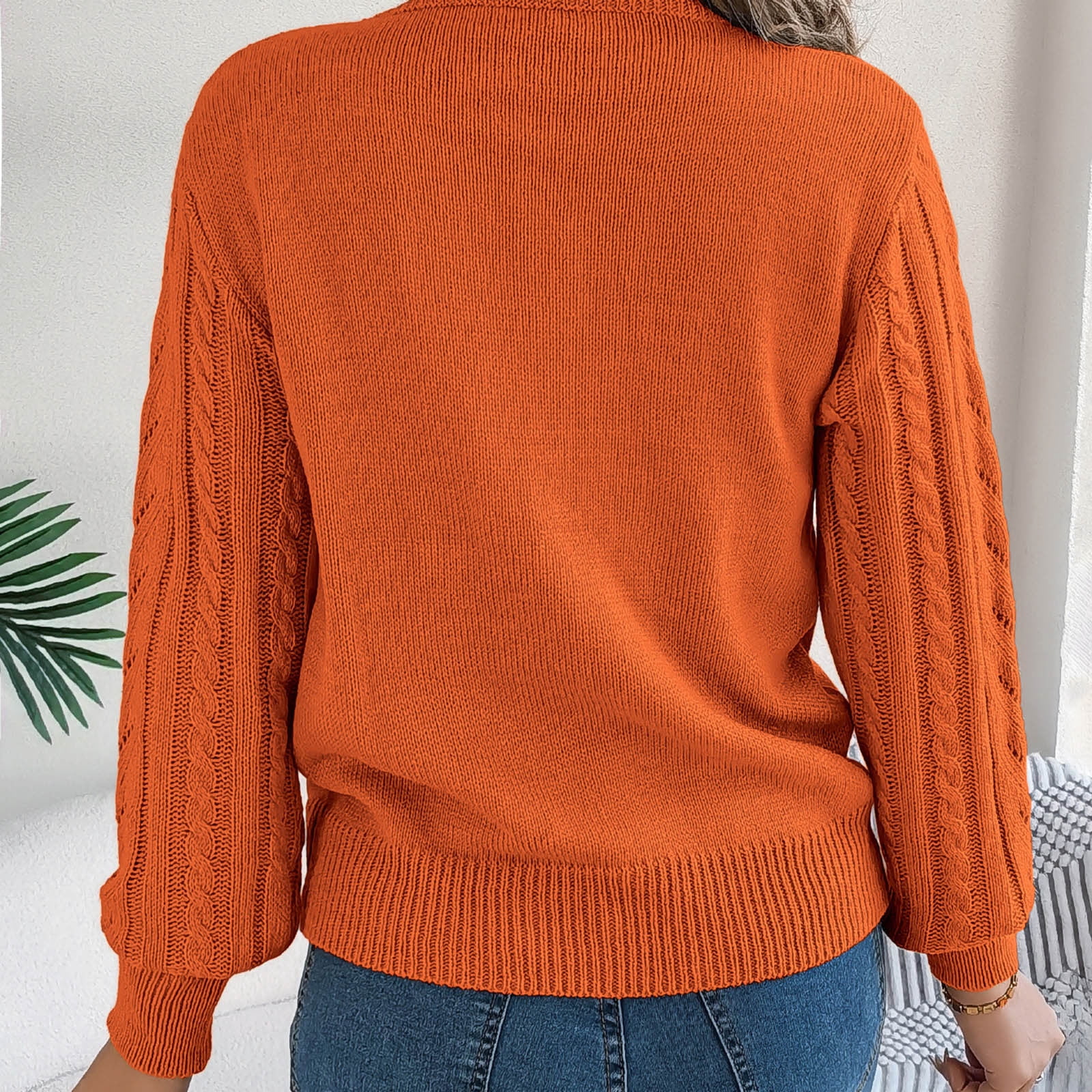 Ahdbta Pullover Sweaters for Women Mock Neck Long Sleeve Hollow Out Sweaters Casual Warm Solid Color Cable Knitted Tops