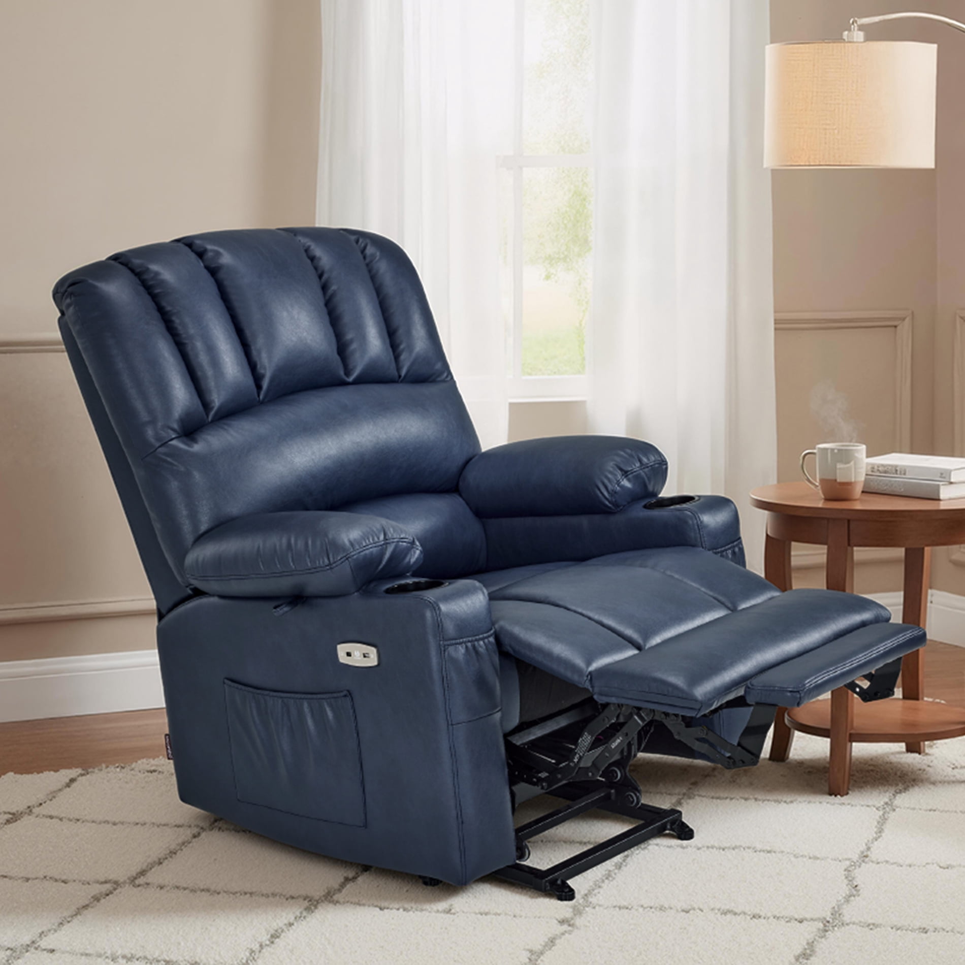 MCombo Power Lift Recliner Chair with Massage Heat, Extended Footrest, Faux Leather(Medium-Regular, Blue)