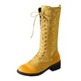 thumbnail image 6 of Rokment Vintage Embossed Mid Calf Combat Boots for Women Ethnic Casual Leather Patchwork Chunky Block Low Heels Lace up Knee High Tall Dress Booties, 6 of 9