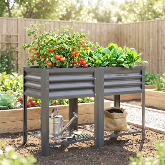 Outsunny Raised Garden Bed Galvanized Steel, Elevated Planter Box with Storage Shelf, Bed Liner, Dark Gray