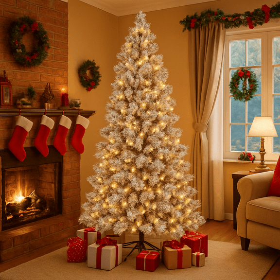 7.5FT Pre-Lit Flocked Christmas Tree, Artificial Snowfall Spruce Christmas Tree with Warm Lights, Realistic Slim Natural Layered Xmas Tree for Home Party Decoration