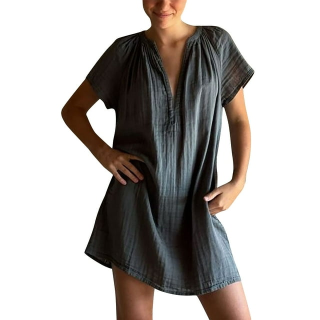 Amzcrzy Robes pour Femmes Grande Taille Robes P-5TG Tendance Couleur Unie Robes d'Été pour Femmes Col en V Manches Courtes Robe d'Été Décontractée Plissée Surdimensionnée Mini-Robe