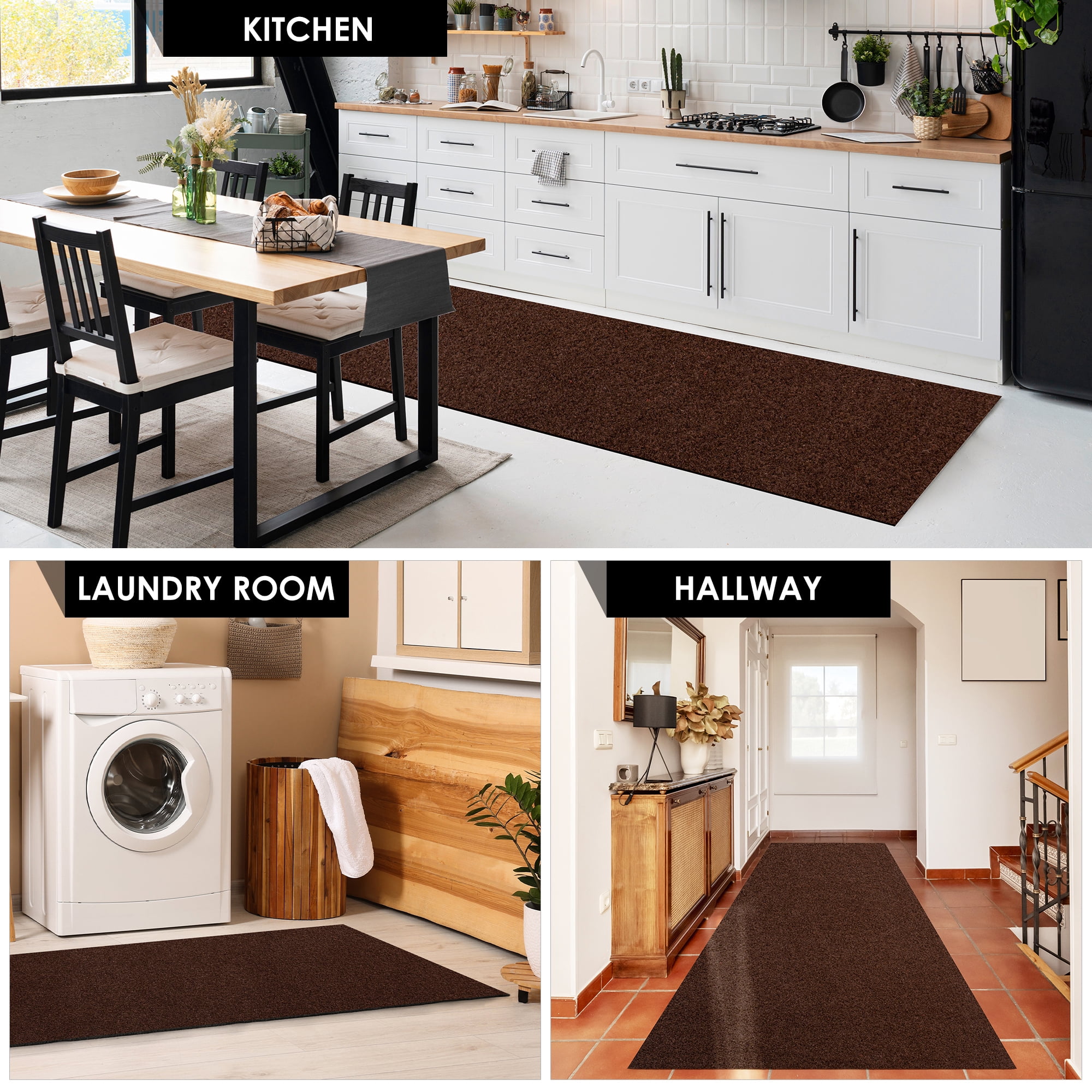 Koloko Outdoor Runner Rug Indoor Non-Slip Long Rugs Custom Size Carpet Runners with Rubber Backing Mat for Hallway Kitchen Entryway Garage Laundry Dark Brown, 3ft x 8ft