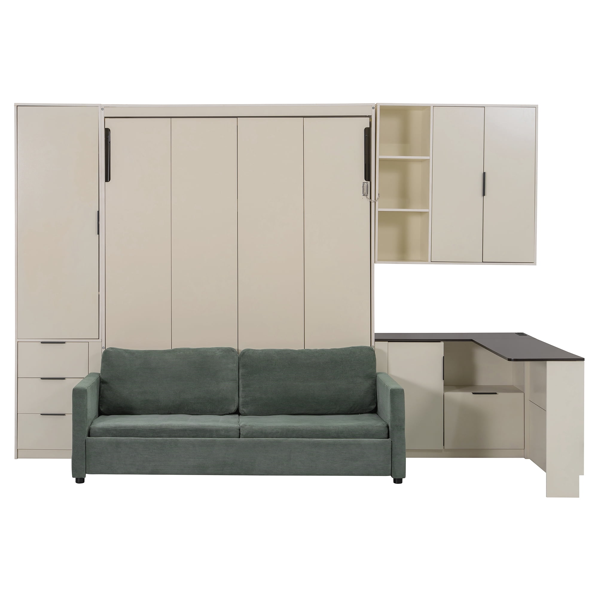 Queen Size Murphy Bed with Sofa, Writing Desk, Storage Shelves & Drawers, LED and USB for Small Space, Guest Room