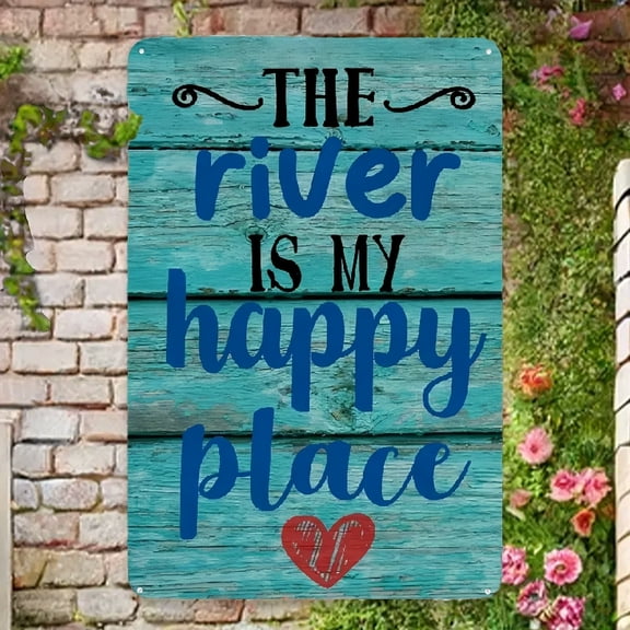 12x8 Inch The River is My Happy Place Autumn Sign for Outside Farmhouse Metal Sign for Outside, Metal Sign Fall Funny Christmas Thanksgiving Welcome Holiday Sign Holiday Garden Decor Decorative