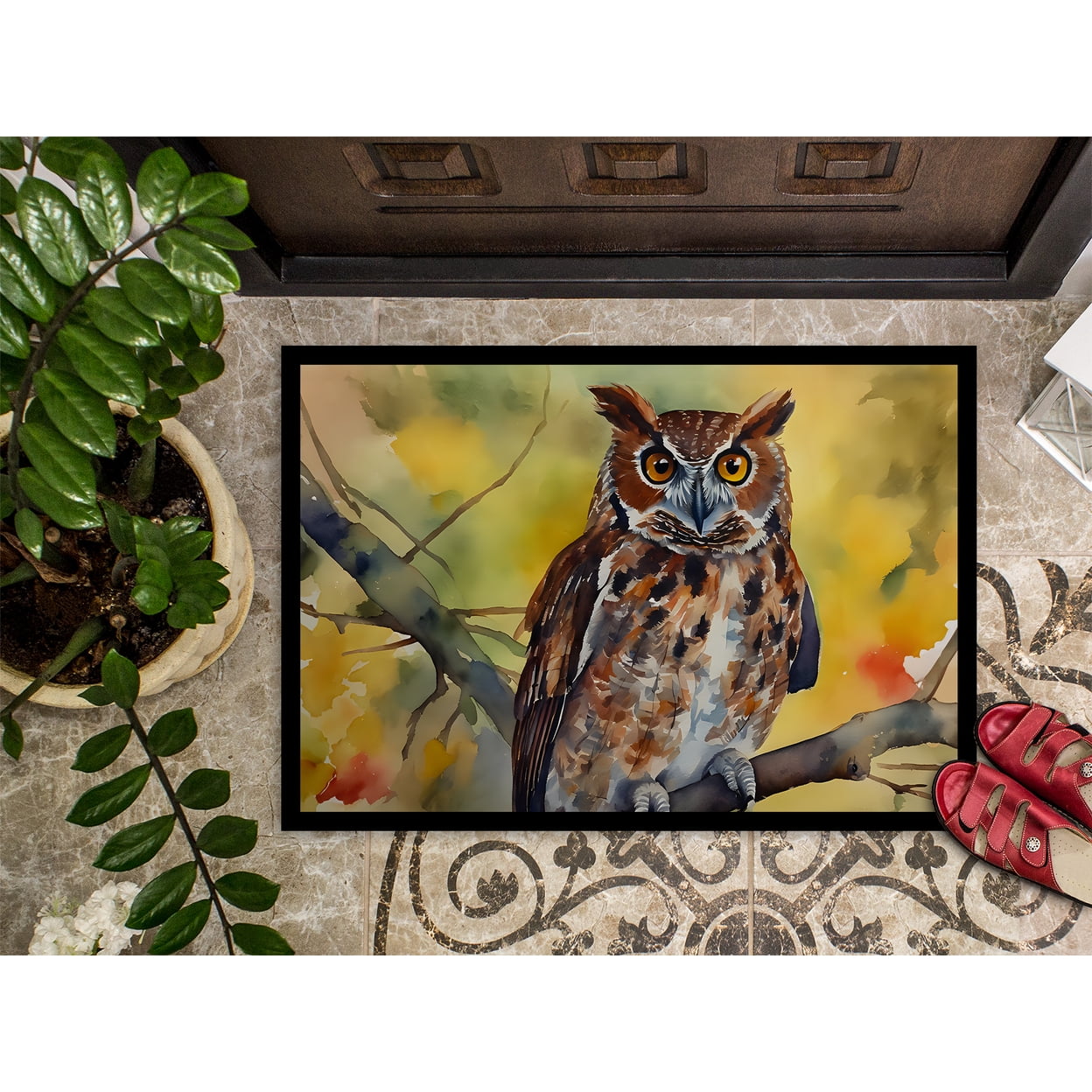 Caroline's Treasures DAC3218JMAT Eastern Screech Owl Doormat Front Door Mat Indoor Outdoor Rugs for Entryway, Non Slip Washable Low Pile, 24H X 36W