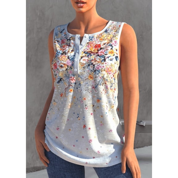 Women's White Watercolor Floral Print Sleeveless Tunic Top, Henley Neck Loose A-Line Casual Tank Top