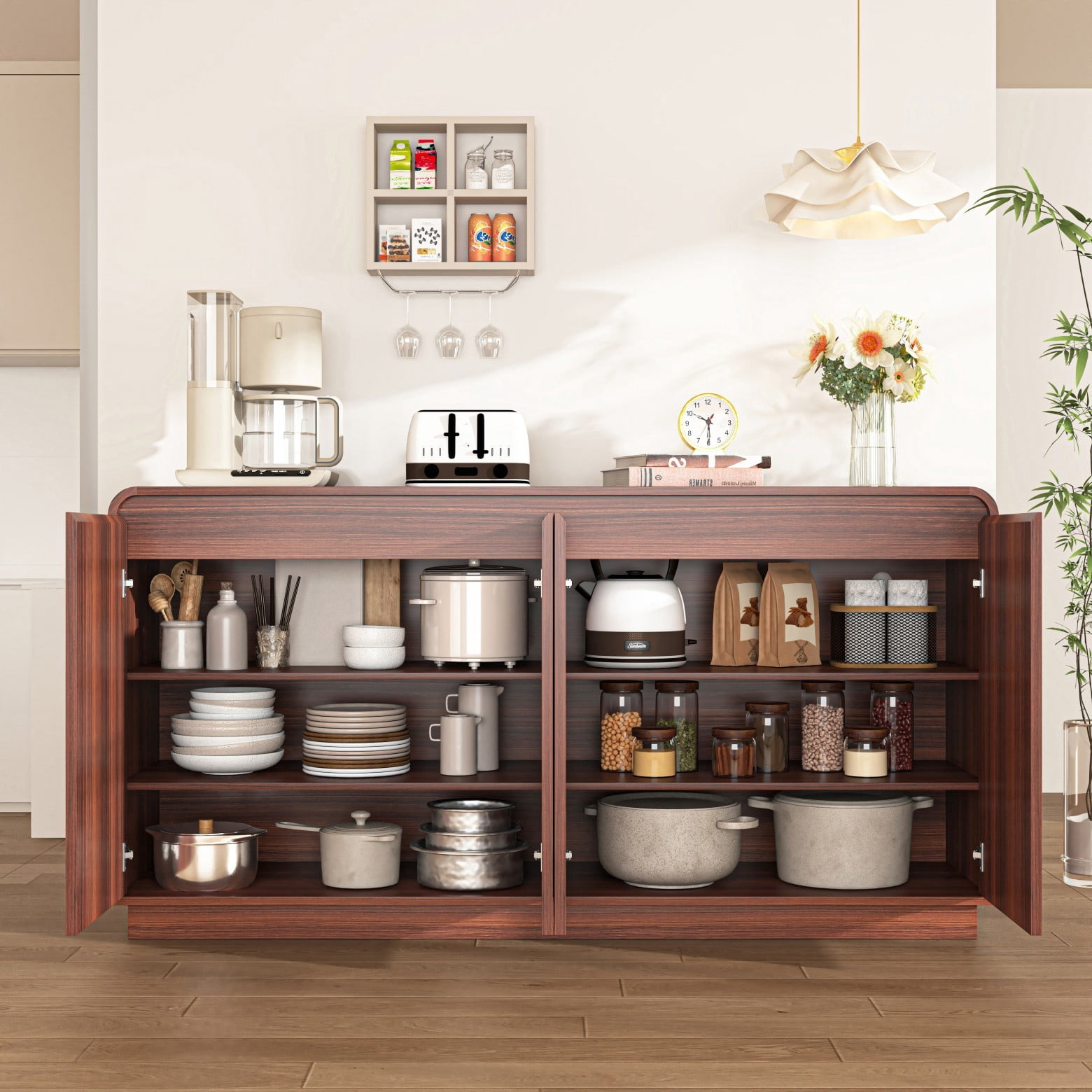 59" Walnut Fluted TV Stand with Power Outlet, Modern Handleless Media Console with Adjustable Storage, Entertainment Center for Living Room, Walnut