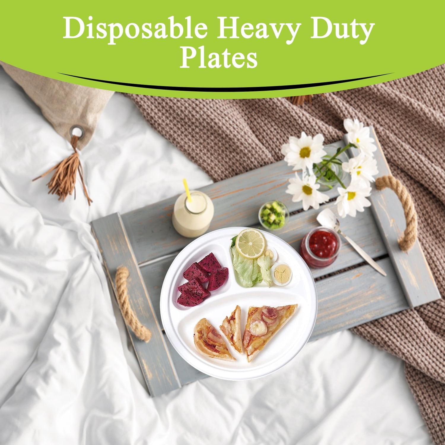 Three Leaf 10” 3-Compartment Bagasse Round Disposable Plates 150 Ct Heavy-Duty Super Strong White Eco-Friendly Biodegradable Compostable Sugarcane Plates for Parties Catering BBQ and Events