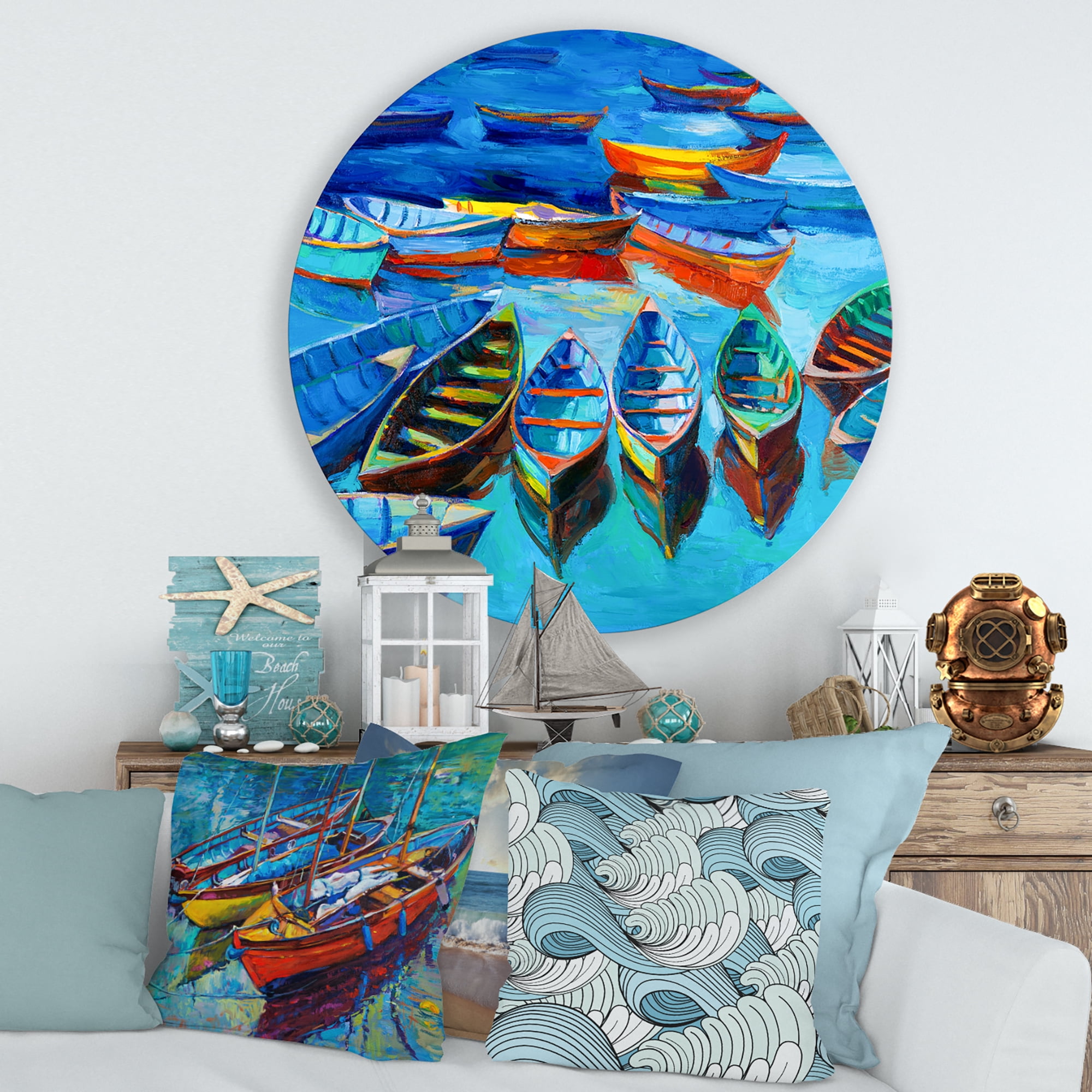 Designart 'Little Boats Wating In The Blue Harbour' Nautical & Coastal Circle Metal Wall Art 36x36 - Disc of 36