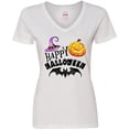 thumbnail image 3 of Inktastic Happy Halloween Bat, Witch Hat, Jack O Lantern Women's V-Neck T-Shirt, 3 of 5