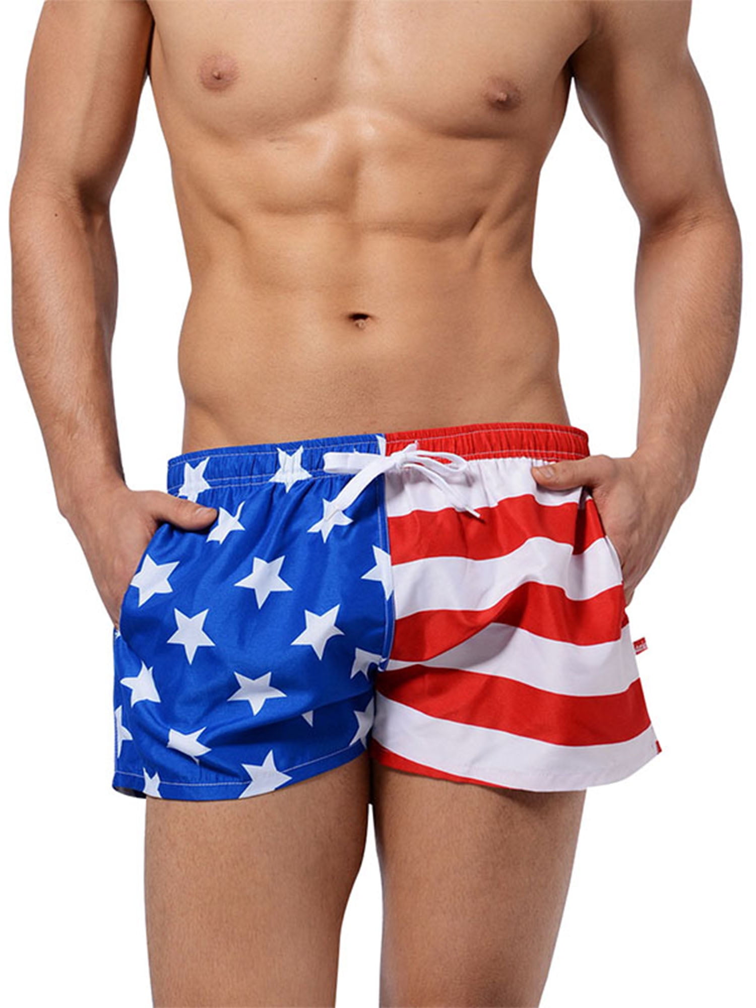 Mens Swim Trunks Quick Dry American Flag Cat in Space Suit Beach Board Shorts Bathing Suits with Pockets
