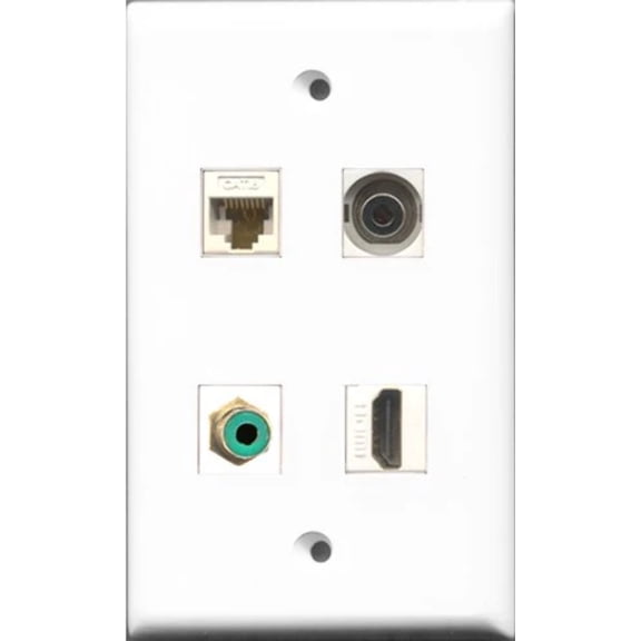 RiteAV 1 Port HDMI and 1 Port RCA Green and 1 Port 3.5mm and 1 Port Cat6 Ethernet White Wall Plate