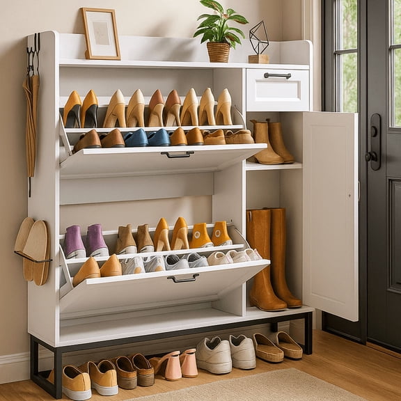 Noelse Shoe Cabinet with 2 Flip Drawers and Side Cabinet, Shoes Cabinet with Adjustable Shelves, Shoe Organizer Cabinet with Drawer for Entryway, Hallway, White