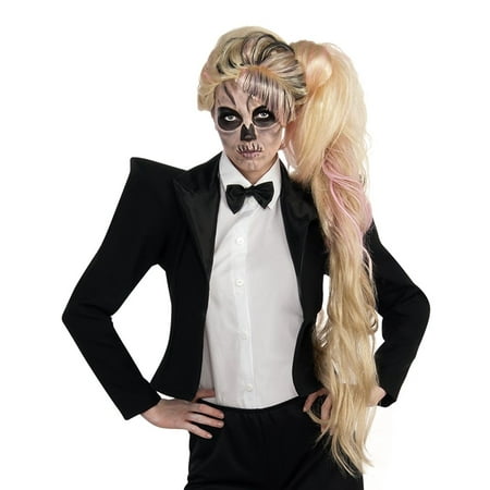 Lady Gaga Side Ponytail Wig Long Blonde & Pink Zombie Skull Face Popstar Rockstar Cute Costume Outfit Accessory Merchandise Womens Teen Girl Adult One