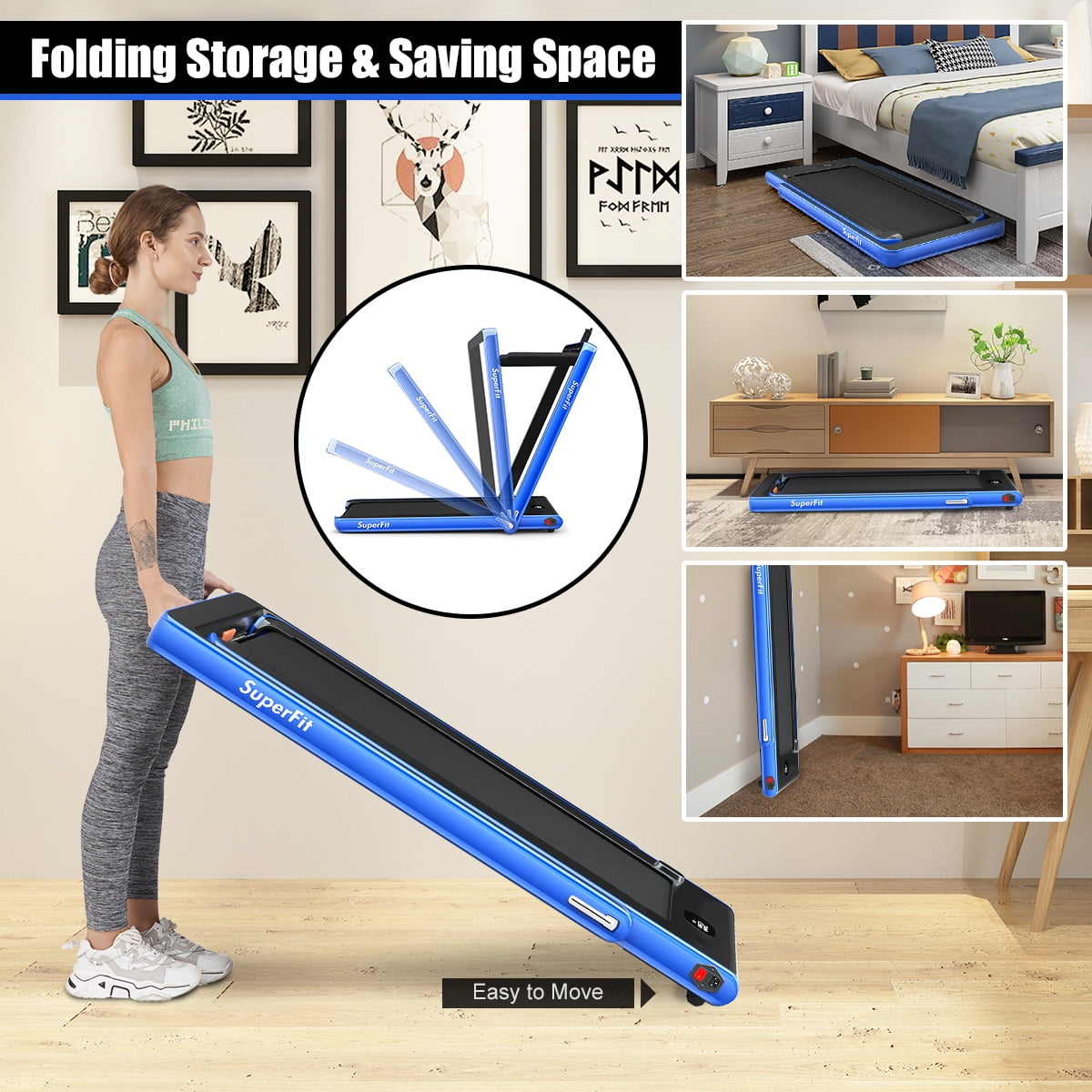 Gymax 2 in 1 Folding Treadmill 2.25HP Running Machine w/ Dual Display Blue