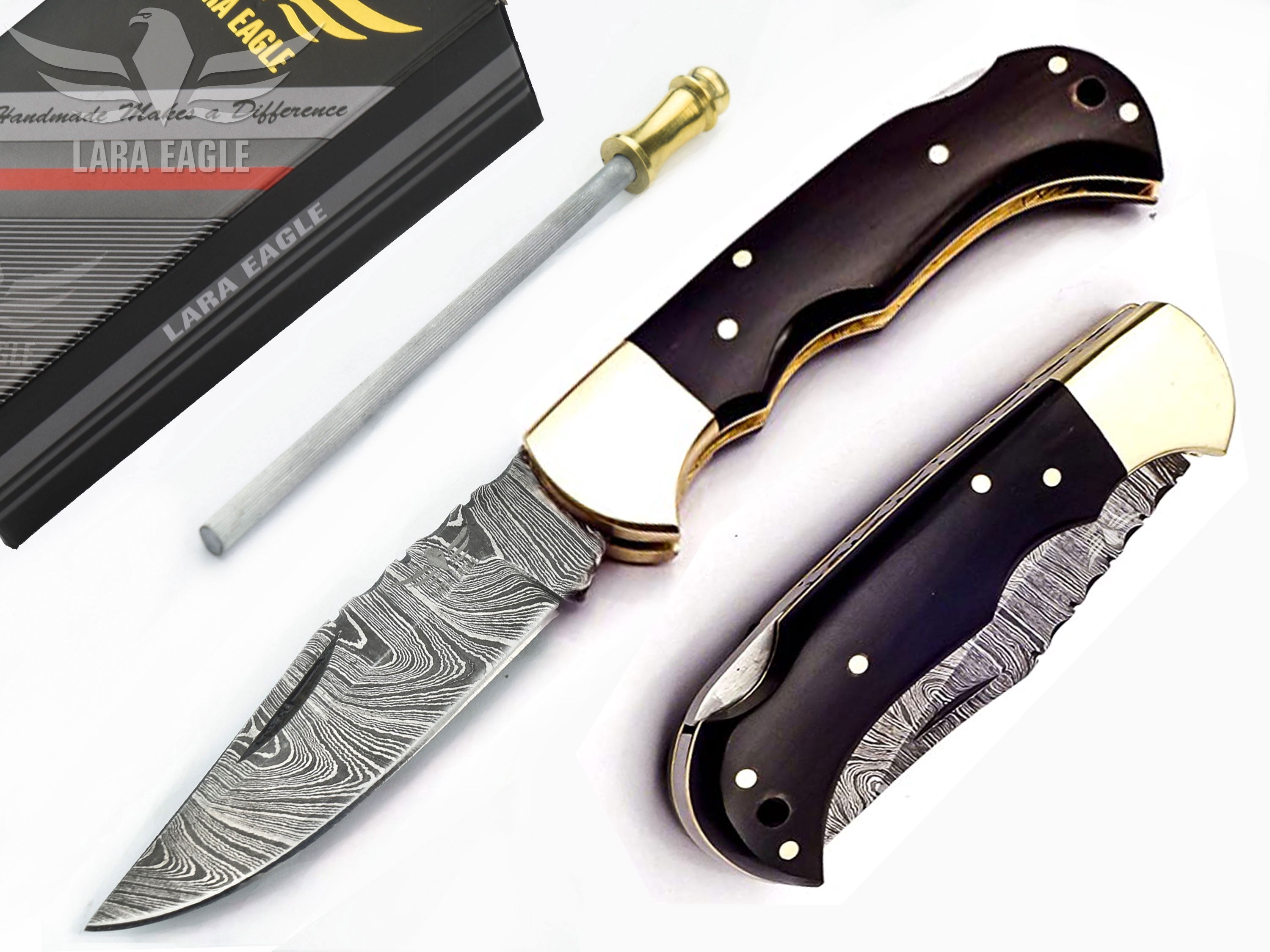 Lara Eagle Damascus Pocket Knife for Men - 3 inch Blade, 133 Layer Solid Steel Handmade Black Folding Knife with Sharpener and Leather Pouch - for Camping, Hunting, Hiking.