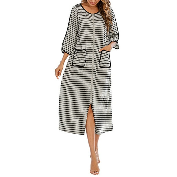 Womens Robes Dressing Gowns,Women Zipper Robe Short/Long Sleeve Housecoat Soft Zip Up Bathrobe