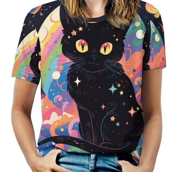 Cute Planet Cat Women's T-Shirt Short Sleeve T Shirts Tops Tee Ladies Loose T