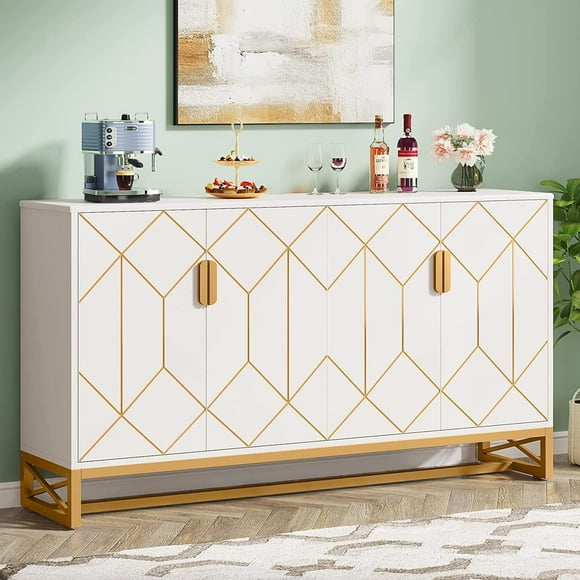Tribesigns White Gold Buffet Cabinet with Storage Kitchen Sideboard Storage Cabinet 59" Modern Buffet Cabinet with Doors