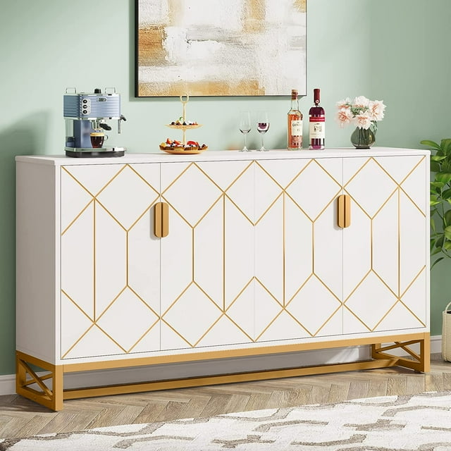 Tribesigns Buffet Blanc Or avec Rangement Buffet de Cuisine 59 Pouces Buffet Moderne avec Portes