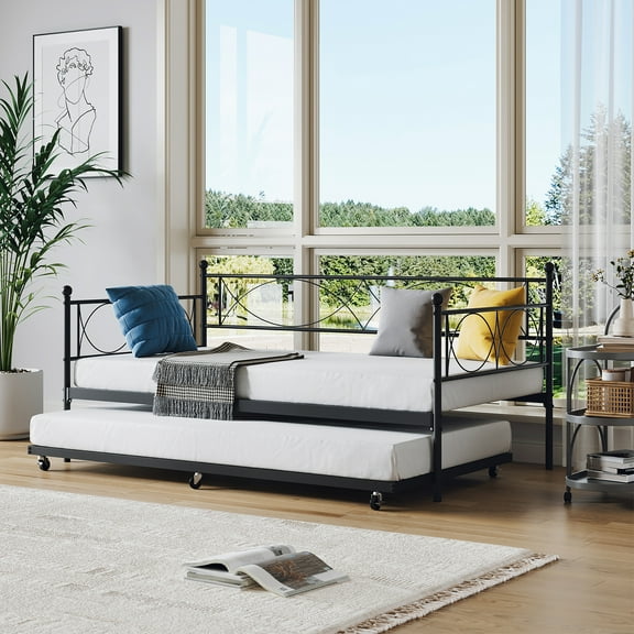 Twin daybed with Trundle, Metal Twin Daybed and Trundle Set, Day Bed Sofa Bed Frame with Steel Slat Support, Multifunctional Daybed Frame for Bedroom, Living Room, Guest Room