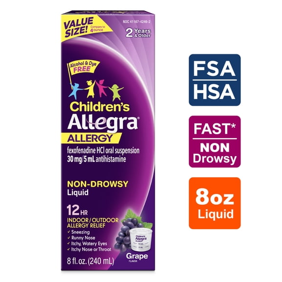 Allegra Children's 12-Hour Allergy Relief Liquid, Non-Drowsy Indoor and Outdoor Allergy Medicine, 30 mg Fexofenadine HCI Antihistamine For Kids, Grape Flavor, 4 oz