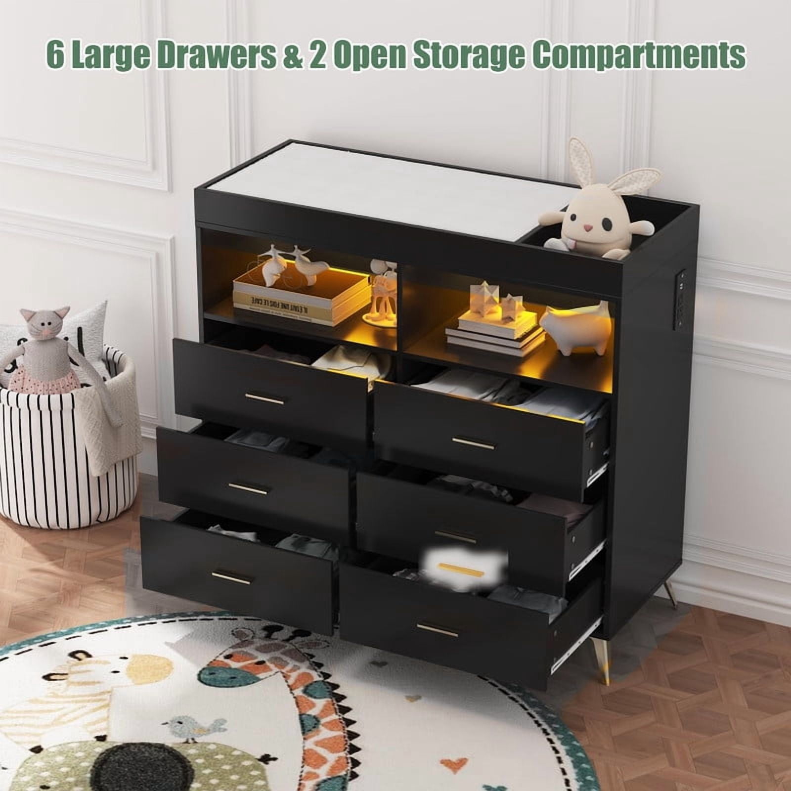 TROPOW Baby Changing Table with LED Lights & Power Outlet, 6-Drawer Nursery Dresser with 2 Open Shelves, Multi-Functional Diaper Changing Station & Storage Organizer for Baby Nursery