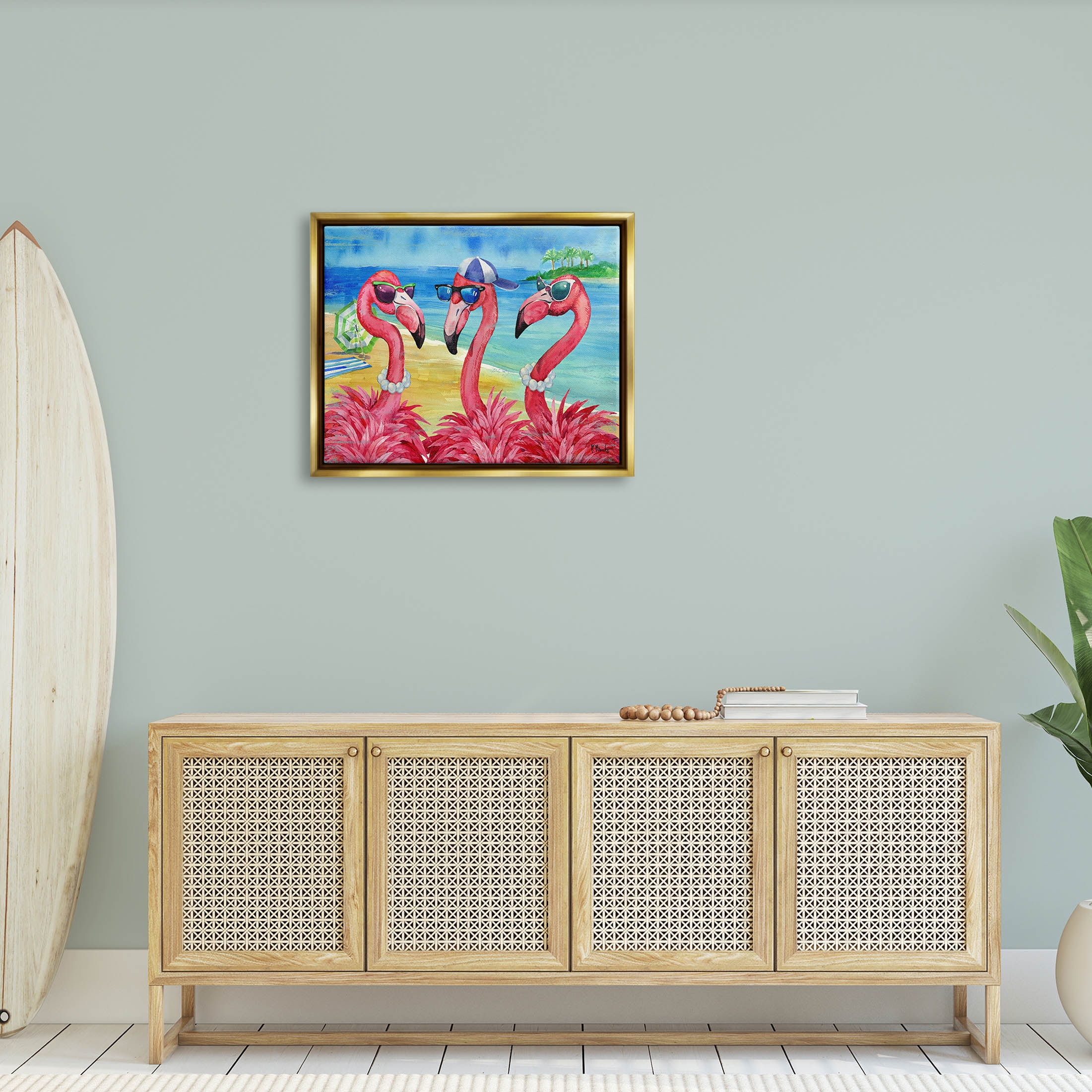 Stupell Industries Flamingo Friends Tropical Island Coast Graphic Art Metallic Gold Floating Framed Canvas Print Wall Art, Design by Paul Brent