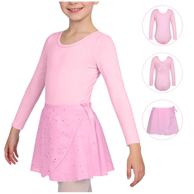 Conjuntos de blusas y camisas de cuello redondo y manga larga Ropa de baile para niñas Vestido de práctica de red con lentejuelas de manga larga con espalda en forma de corazón Conjunto de dos piezas