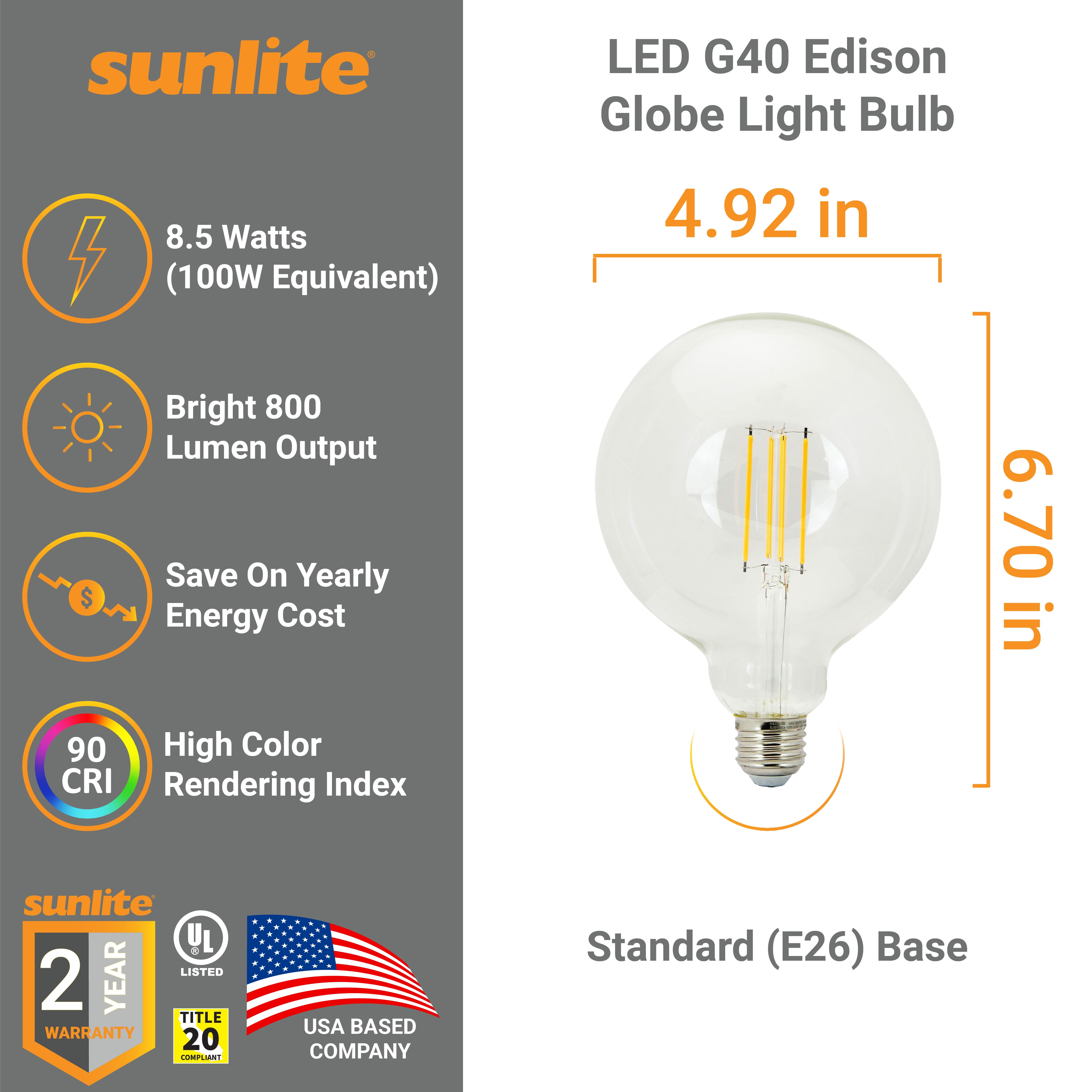 Sunlite 41836 LED G40 Edison Globe Light Bulb, 8.5 Watts (100W Equivalent), Standard E26 Base, 800 Lumens, Dimmable, Clear Glass, Long Filament, 90 CRI, CEC Compliant, 2200K Amber Light, 4 Pack