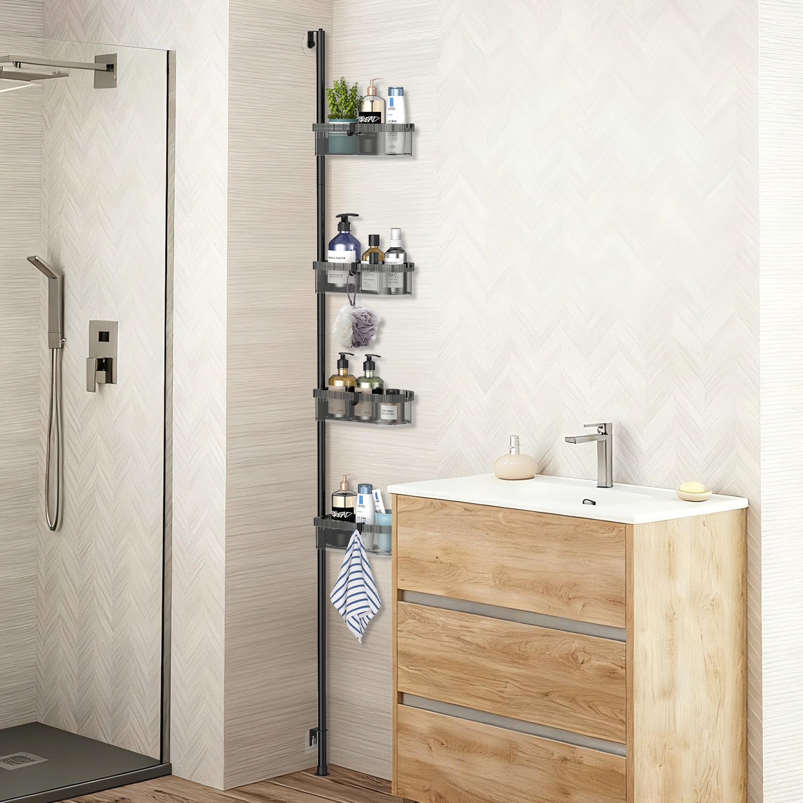 4-Tier Bathroom Tension Pole Shelf, 74.1in Adjustable Ceiling to Floor Storage Organizer for Shower Toiletries, Shampoo, Bath Essentials, Drill-Free Corner Shelf