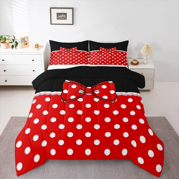 Erosebridal Kawaii Bow Comforter Sets Twin Size for Teens, Polka Dot Comforters & Duvets, Cartoon Bow Decor, Reversible 2pcs