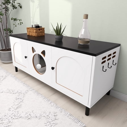 VibrantEcho 2 Cat Litter Cabinet Box Enclosure, Black Hidden Furniture with Double Doors