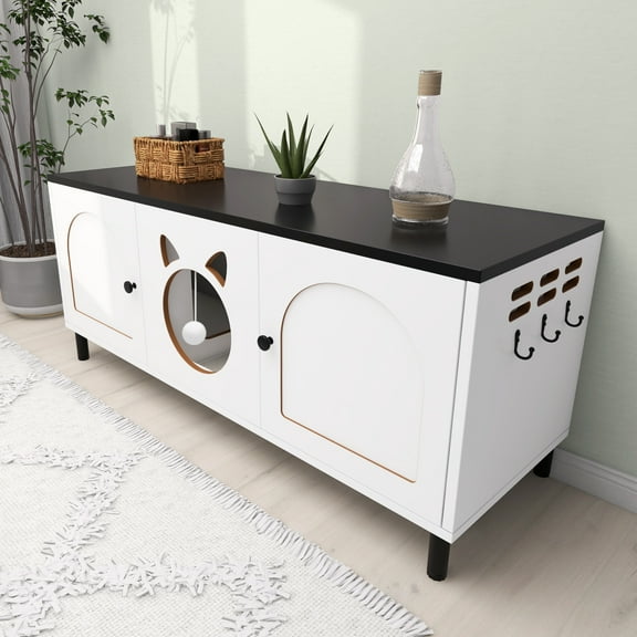 VibrantEcho 2 Cat Litter Cabinet Box Enclosure, Black Hidden Furniture with Double Doors