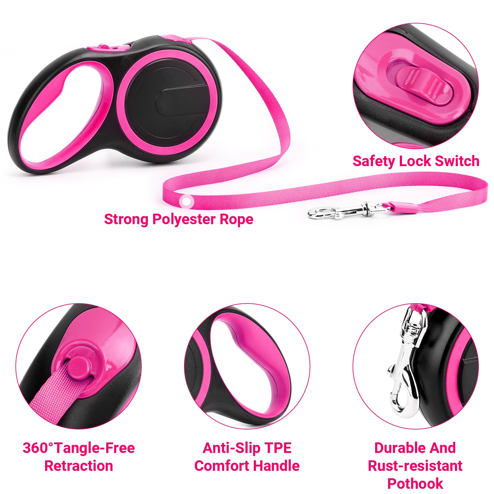 KUCASI Pink Retractable Dog Leash, 16ft Heavy Duty Walking Dog Leash for Medium Small Dogs up to 44lb, Anti-Slip Handle 360°Tangle-Free Nylon Tape, One-Handed One Button Lock and Release