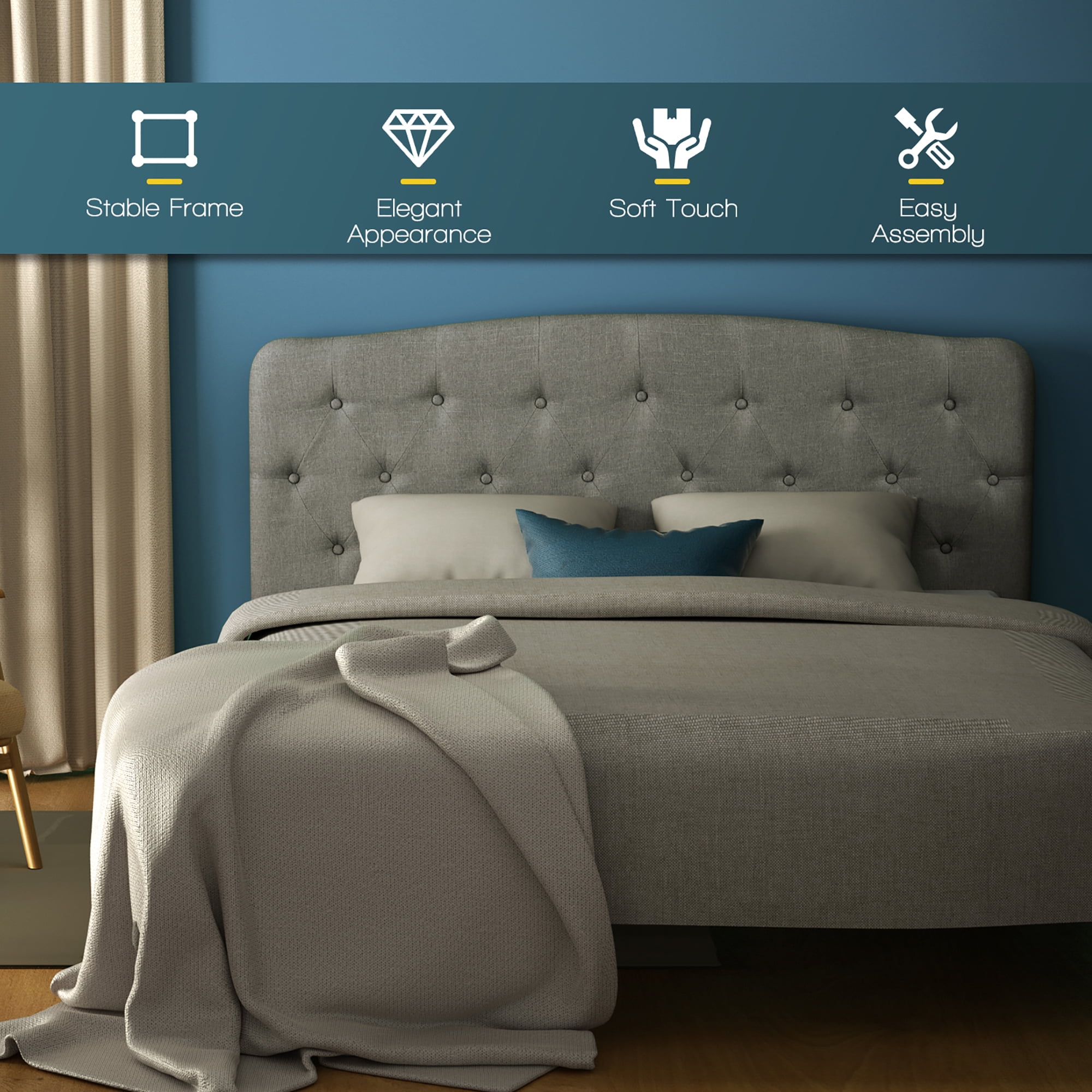 Costway Full Size Upholstered Headboard Only Adjust Button Tufted Faux Linen Light Grey