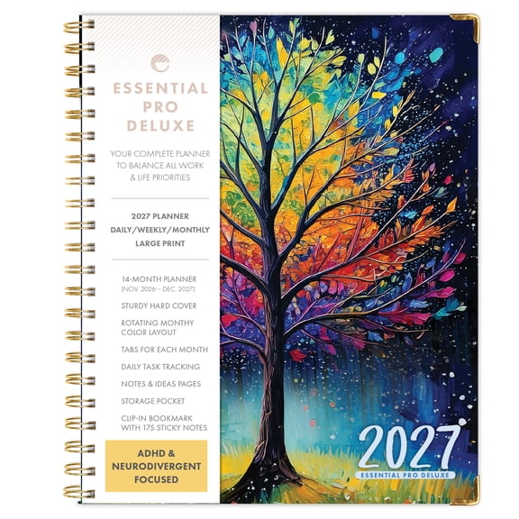 Excello Essential Pro Deluxe 2027 Weekly & Monthly Planner, 8.5" x 11", 14-Month Calendar, Monthly Tabs, Daily Tracking, Notes, Storage Pocket, Bookmark, Black Tree Seasons