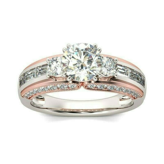 HeartsAndYou 3.5ct Round Cut Moissanite Solitaire Trendy Baguette Accent Ring 18k Dual Gold over Silver