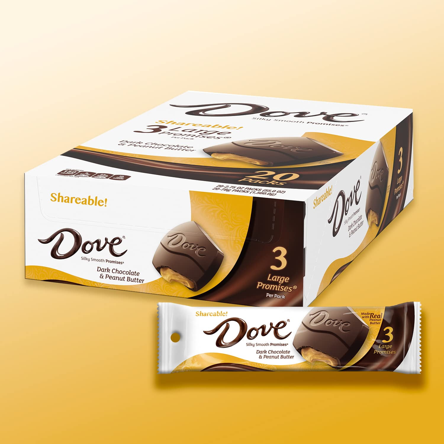 Dove Large Promises Dark Chocolate Peanut Butter Candy, 55 Oz, 20 Packs Per Carton