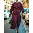 thumbnail image 2 of Women'S Elegant Batwing Sleeve Cocktail Party Dress Solid Casual Loose Ruched Slit Midi Dress with Belt Wine Red L, 2 of 3