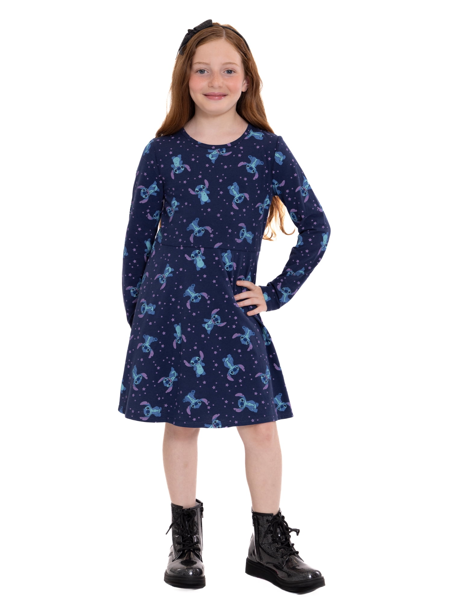 Stitch Girls Print Skater Dress with Long Sleeves, Sizes 4-16